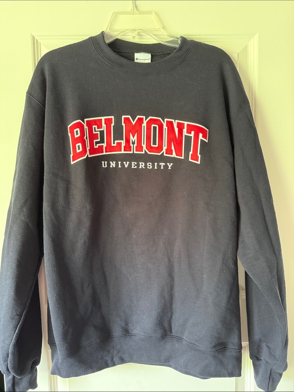 Champion Navy Crewneck with Red Belmont Applique